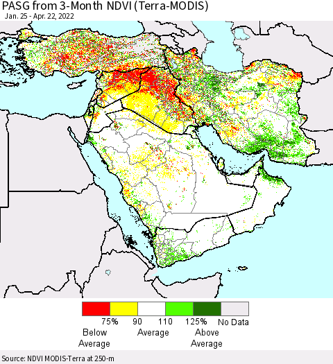 Middle East and Turkey PASG from 3-Month NDVI (Terra-MODIS) Thematic Map For 4/15/2022 - 4/22/2022