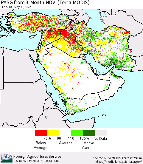 Middle East and Turkey PASG from 3-Month NDVI (Terra-MODIS) Thematic Map For 5/1/2022 - 5/10/2022