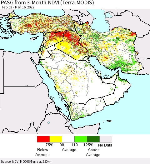 Middle East and Turkey PASG from 3-Month NDVI (Terra-MODIS) Thematic Map For 5/9/2022 - 5/16/2022