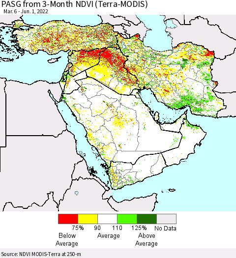 Middle East and Turkey PASG from 3-Month NDVI (Terra-MODIS) Thematic Map For 5/25/2022 - 6/1/2022