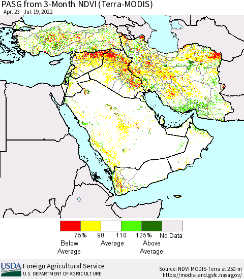 Middle East and Turkey PASG from 3-Month NDVI (Terra-MODIS) Thematic Map For 7/11/2022 - 7/20/2022