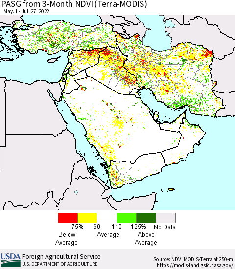 Middle East and Turkey PASG from 3-Month NDVI (Terra-MODIS) Thematic Map For 7/21/2022 - 7/31/2022