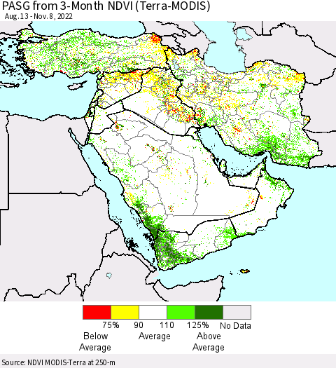 Middle East and Turkey PASG from 3-Month NDVI (Terra-MODIS) Thematic Map For 11/1/2022 - 11/8/2022