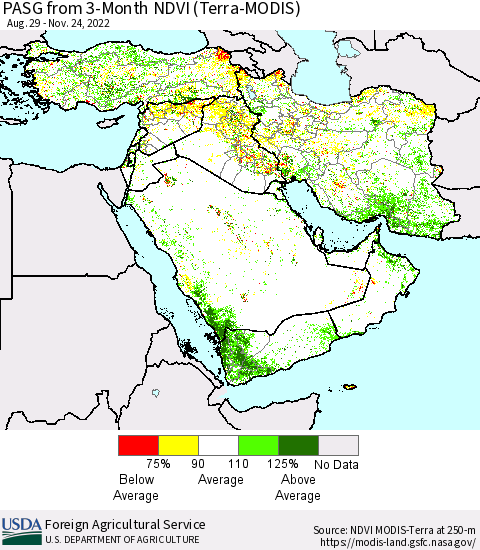Middle East and Turkey PASG from 3-Month NDVI (Terra-MODIS) Thematic Map For 11/21/2022 - 11/30/2022