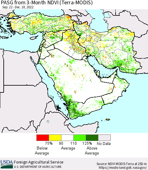 Middle East and Turkey PASG from 3-Month NDVI (Terra-MODIS) Thematic Map For 12/11/2022 - 12/20/2022