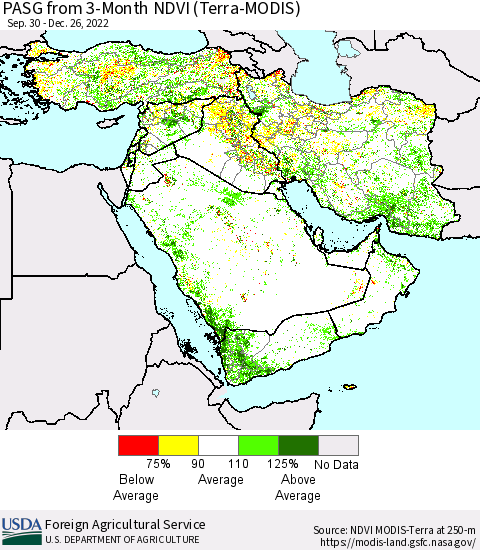 Middle East and Turkey PASG from 3-Month NDVI (Terra-MODIS) Thematic Map For 12/21/2022 - 12/31/2022