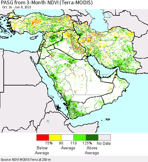 Middle East and Turkey PASG from 3-Month NDVI (Terra-MODIS) Thematic Map For 1/1/2023 - 1/8/2023