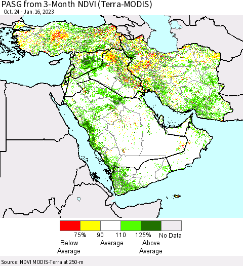Middle East and Turkey PASG from 3-Month NDVI (Terra-MODIS) Thematic Map For 1/9/2023 - 1/16/2023