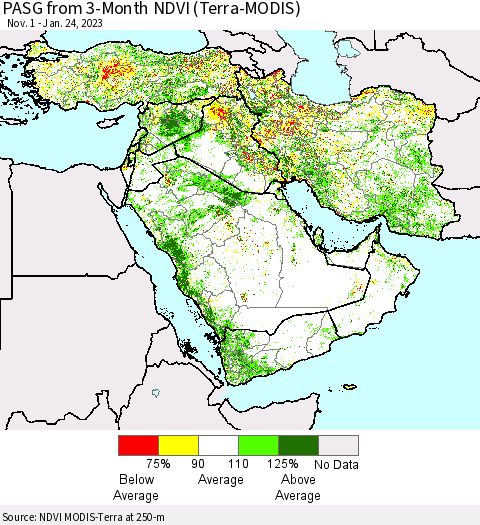 Middle East and Turkey PASG from 3-Month NDVI (Terra-MODIS) Thematic Map For 1/17/2023 - 1/24/2023