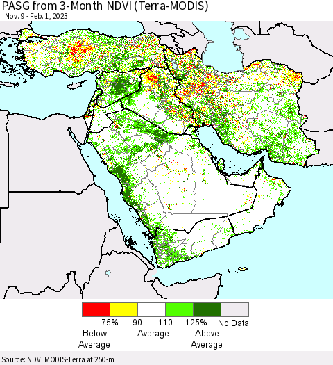Middle East and Turkey PASG from 3-Month NDVI (Terra-MODIS) Thematic Map For 1/25/2023 - 2/1/2023