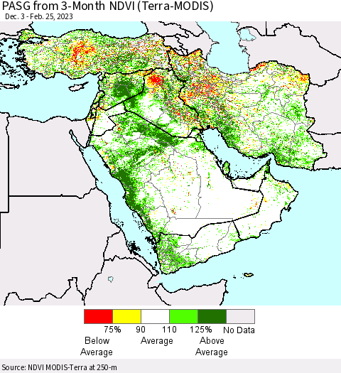 Middle East and Turkey PASG from 3-Month NDVI (Terra-MODIS) Thematic Map For 2/18/2023 - 2/25/2023