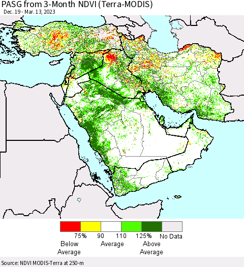 Middle East and Turkey PASG from 3-Month NDVI (Terra-MODIS) Thematic Map For 3/6/2023 - 3/13/2023
