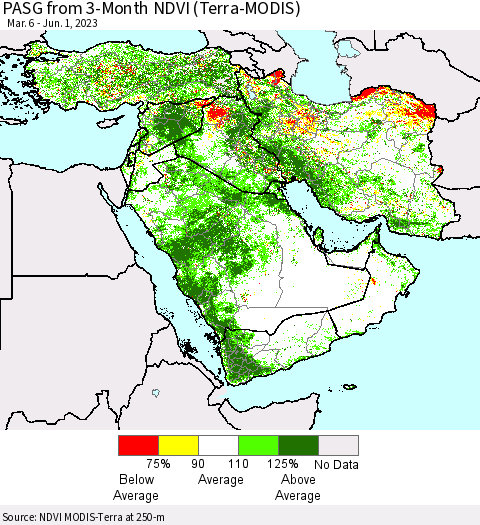 Middle East and Turkey PASG from 3-Month NDVI (Terra-MODIS) Thematic Map For 5/25/2023 - 6/1/2023