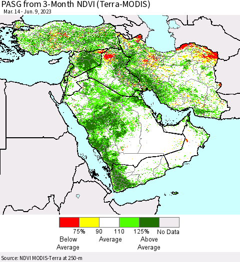 Middle East and Turkey PASG from 3-Month NDVI (Terra-MODIS) Thematic Map For 6/2/2023 - 6/9/2023