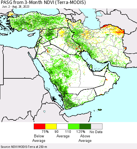 Middle East and Turkey PASG from 3-Month NDVI (Terra-MODIS) Thematic Map For 8/21/2023 - 8/28/2023