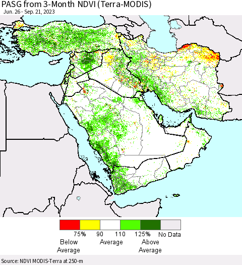 Middle East and Turkey PASG from 3-Month NDVI (Terra-MODIS) Thematic Map For 9/14/2023 - 9/21/2023
