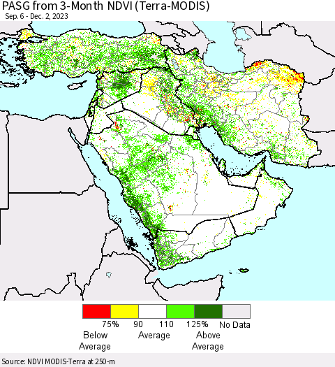 Middle East and Turkey PASG from 3-Month NDVI (Terra-MODIS) Thematic Map For 11/25/2023 - 12/2/2023