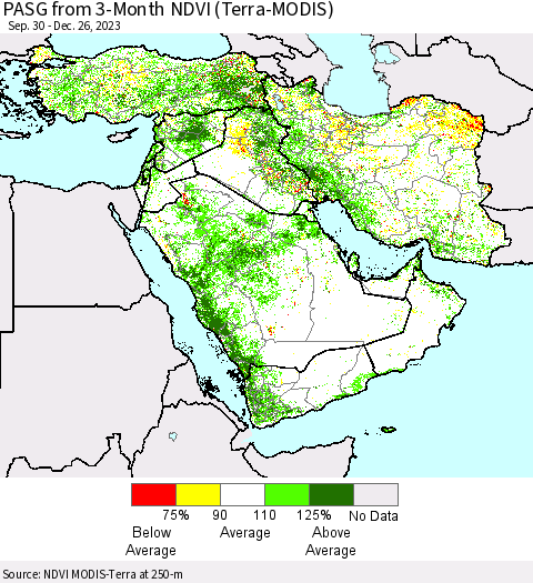Middle East and Turkey PASG from 3-Month NDVI (Terra-MODIS) Thematic Map For 12/19/2023 - 12/26/2023