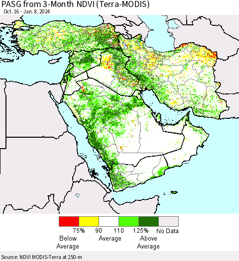 Middle East and Turkey PASG from 3-Month NDVI (Terra-MODIS) Thematic Map For 1/1/2024 - 1/8/2024
