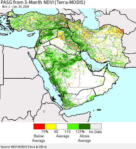 Middle East and Turkey PASG from 3-Month NDVI (Terra-MODIS) Thematic Map For 1/17/2024 - 1/24/2024