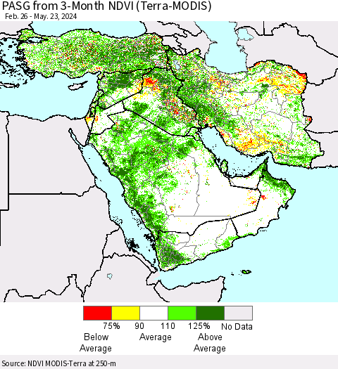 Middle East and Turkey PASG from 3-Month NDVI (Terra-MODIS) Thematic Map For 5/16/2024 - 5/23/2024