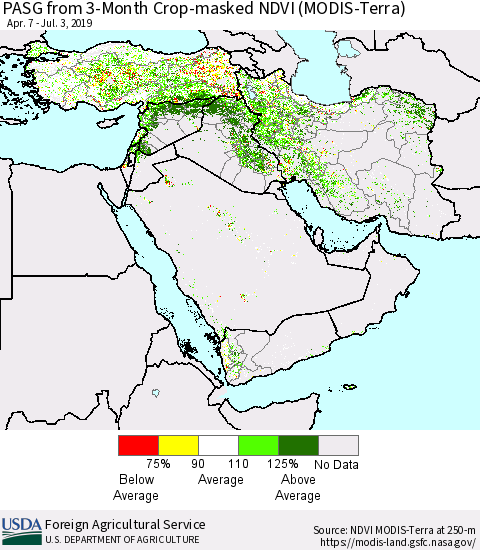 Middle East and Turkey PASG from 3-Month Cropland NDVI (Terra-MODIS) Thematic Map For 7/1/2019 - 7/10/2019