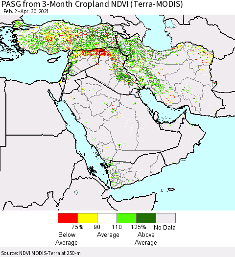 Middle East and Turkey PASG from 3-Month Cropland NDVI (Terra-MODIS) Thematic Map For 4/23/2021 - 4/30/2021