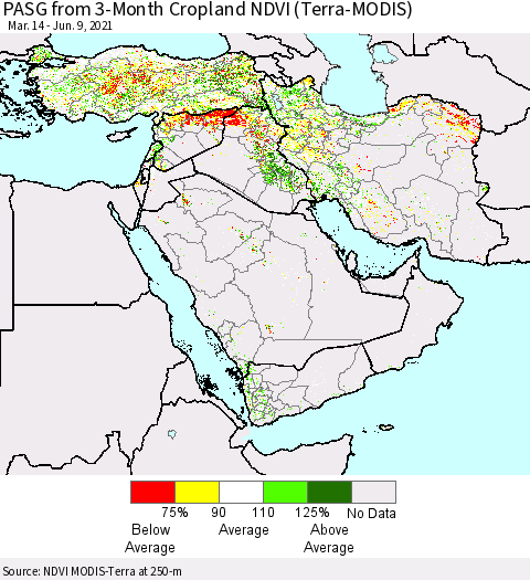 Middle East and Turkey PASG from 3-Month Cropland NDVI (Terra-MODIS) Thematic Map For 6/2/2021 - 6/9/2021