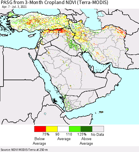 Middle East and Turkey PASG from 3-Month Cropland NDVI (Terra-MODIS) Thematic Map For 6/26/2021 - 7/3/2021