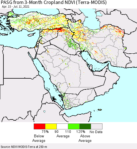 Middle East and Turkey PASG from 3-Month Cropland NDVI (Terra-MODIS) Thematic Map For 7/4/2021 - 7/11/2021
