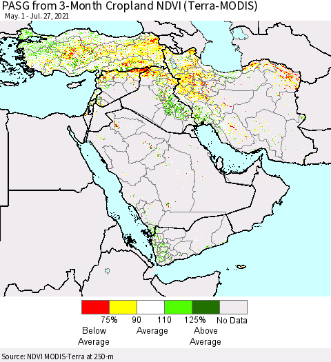 Middle East and Turkey PASG from 3-Month Cropland NDVI (Terra-MODIS) Thematic Map For 7/20/2021 - 7/27/2021