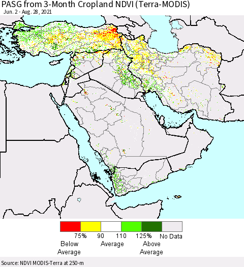 Middle East and Turkey PASG from 3-Month Cropland NDVI (Terra-MODIS) Thematic Map For 8/21/2021 - 8/28/2021