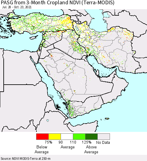 Middle East and Turkey PASG from 3-Month Cropland NDVI (Terra-MODIS) Thematic Map For 10/16/2021 - 10/23/2021