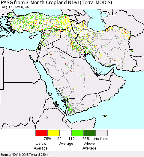 Middle East and Turkey PASG from 3-Month Cropland NDVI (Terra-MODIS) Thematic Map For 11/1/2021 - 11/8/2021