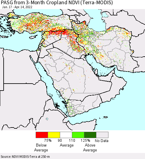 Middle East and Turkey PASG from 3-Month Cropland NDVI (Terra-MODIS) Thematic Map For 4/7/2022 - 4/14/2022