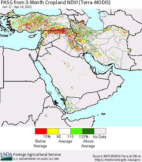 Middle East and Turkey PASG from 3-Month Cropland NDVI (Terra-MODIS) Thematic Map For 4/11/2022 - 4/20/2022