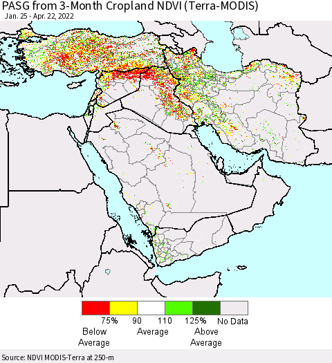 Middle East and Turkey PASG from 3-Month Cropland NDVI (Terra-MODIS) Thematic Map For 4/15/2022 - 4/22/2022