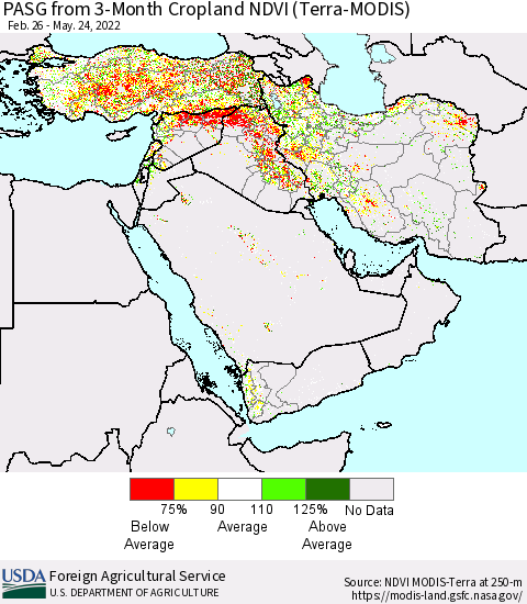 Middle East and Turkey PASG from 3-Month Cropland NDVI (Terra-MODIS) Thematic Map For 5/21/2022 - 5/31/2022