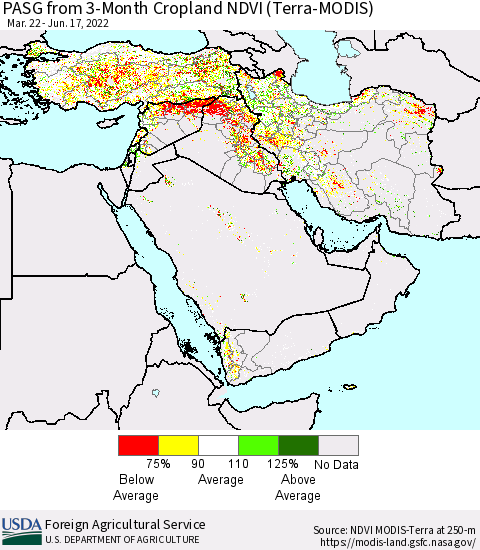 Middle East and Turkey PASG from 3-Month Cropland NDVI (Terra-MODIS) Thematic Map For 6/11/2022 - 6/20/2022