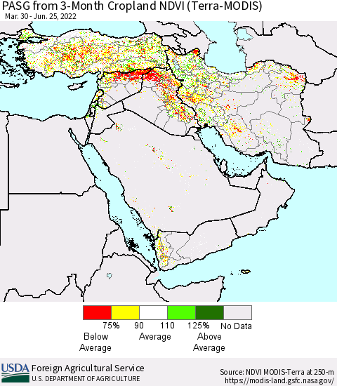 Middle East and Turkey PASG from 3-Month Cropland NDVI (Terra-MODIS) Thematic Map For 6/21/2022 - 6/30/2022