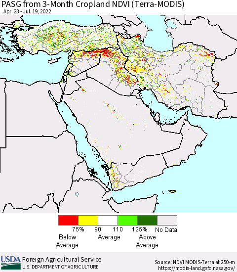 Middle East and Turkey PASG from 3-Month Cropland NDVI (Terra-MODIS) Thematic Map For 7/11/2022 - 7/20/2022