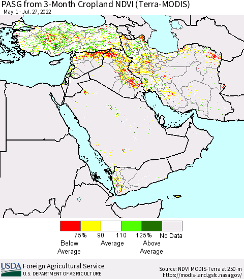 Middle East and Turkey PASG from 3-Month Cropland NDVI (Terra-MODIS) Thematic Map For 7/21/2022 - 7/31/2022