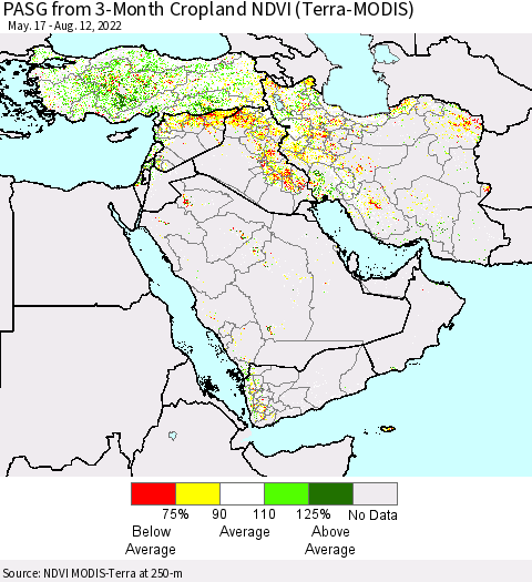 Middle East and Turkey PASG from 3-Month Cropland NDVI (Terra-MODIS) Thematic Map For 8/5/2022 - 8/12/2022