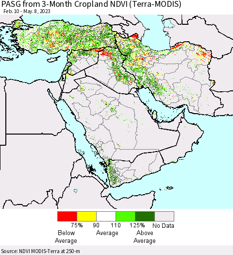 Middle East and Turkey PASG from 3-Month Cropland NDVI (Terra-MODIS) Thematic Map For 5/1/2023 - 5/8/2023