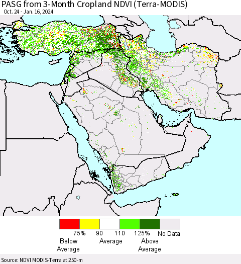 Middle East and Turkey PASG from 3-Month Cropland NDVI (Terra-MODIS) Thematic Map For 1/9/2024 - 1/16/2024