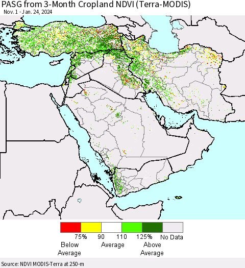Middle East and Turkey PASG from 3-Month Cropland NDVI (Terra-MODIS) Thematic Map For 1/17/2024 - 1/24/2024