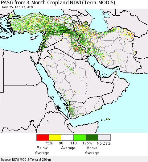 Middle East and Turkey PASG from 3-Month Cropland NDVI (Terra-MODIS) Thematic Map For 2/10/2024 - 2/17/2024