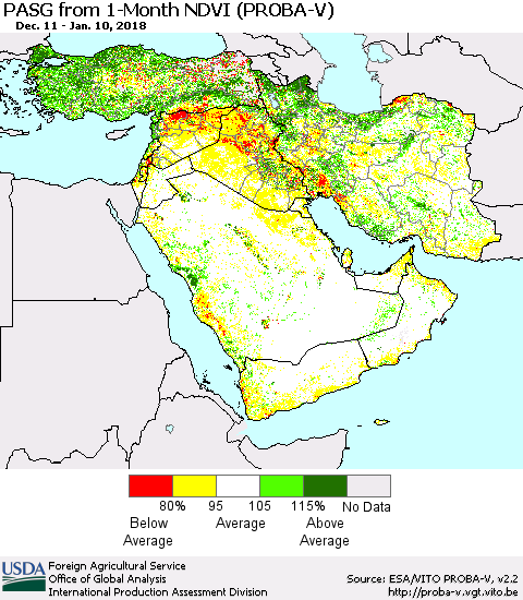 Middle East and Turkey PASG from 1-Month NDVI (PROBA-V) Thematic Map For 1/1/2018 - 1/10/2018
