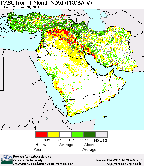 Middle East and Turkey PASG from 1-Month NDVI (PROBA-V) Thematic Map For 1/11/2018 - 1/20/2018