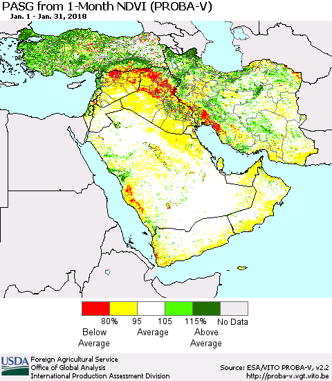 Middle East and Turkey PASG from 1-Month NDVI (PROBA-V) Thematic Map For 1/21/2018 - 1/31/2018